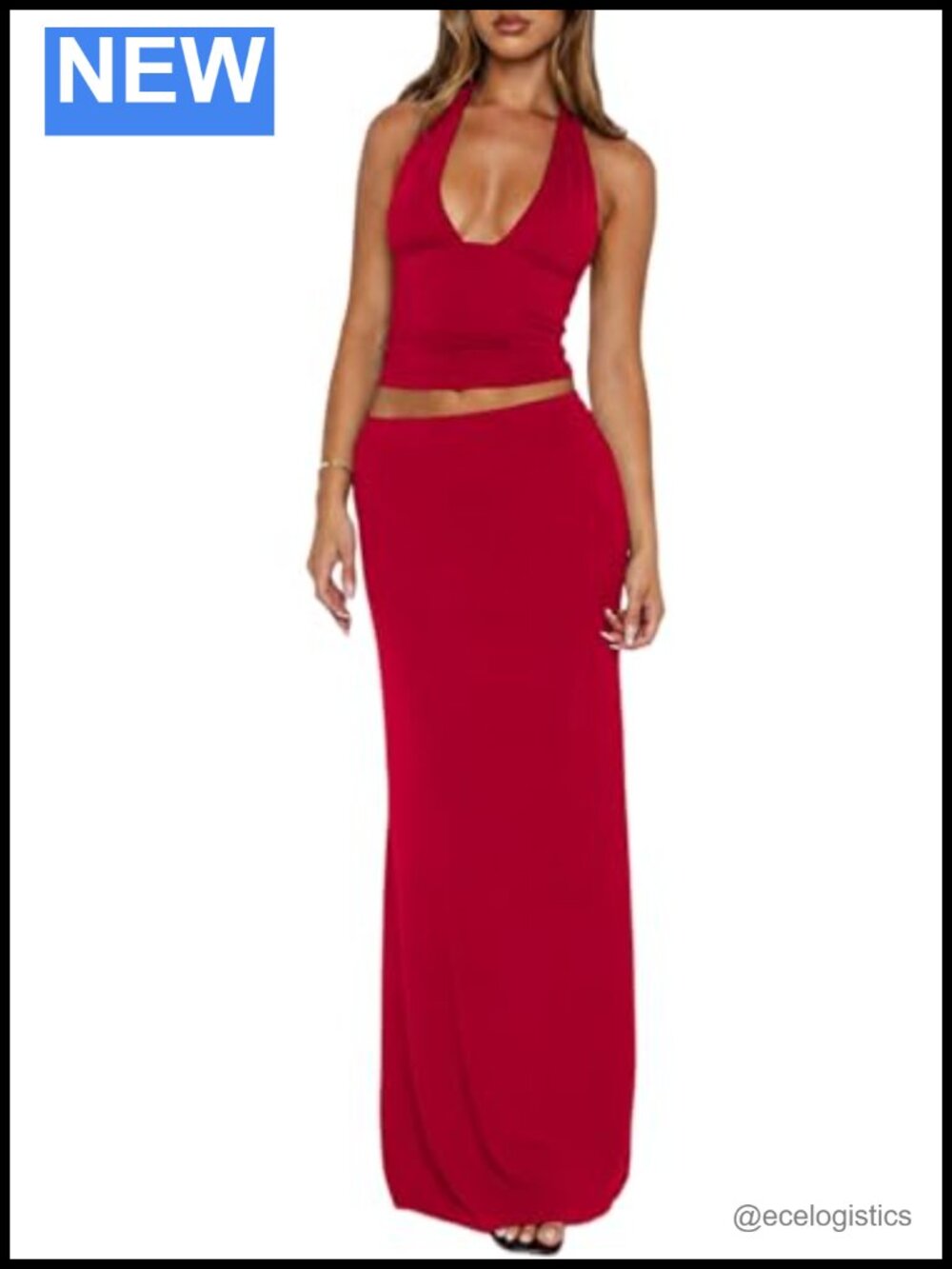 Women's 2 Piece Skirt Set Halter Crop Top Maxi Skirt Vacation Outfit